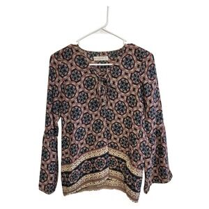 Abercrombie & Fitch Women XS Navy Blue Boho Medallion Lace Up Bell Sleeve Blouse